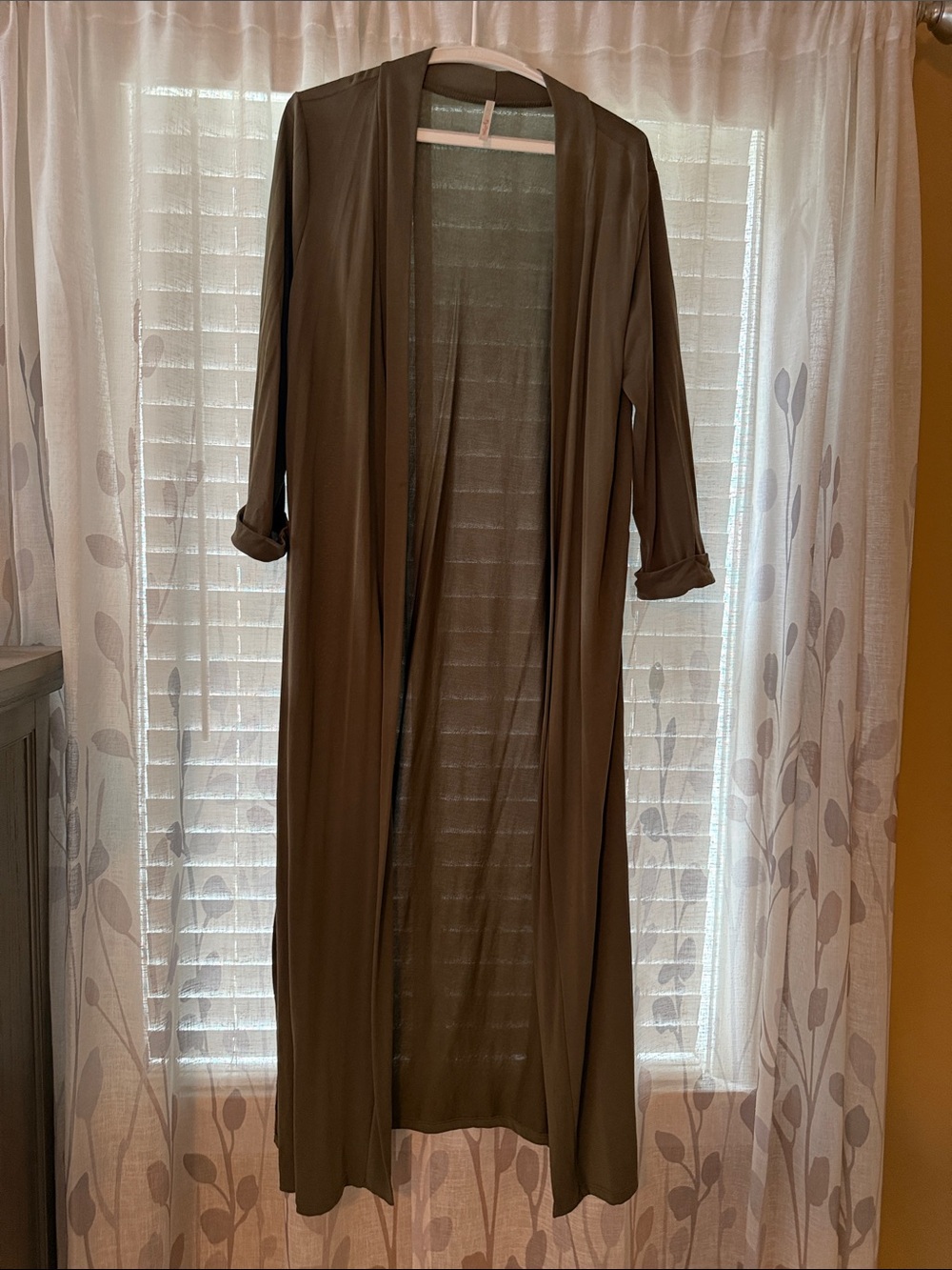 My Story Long Open-Front Cardigan in Olive Green